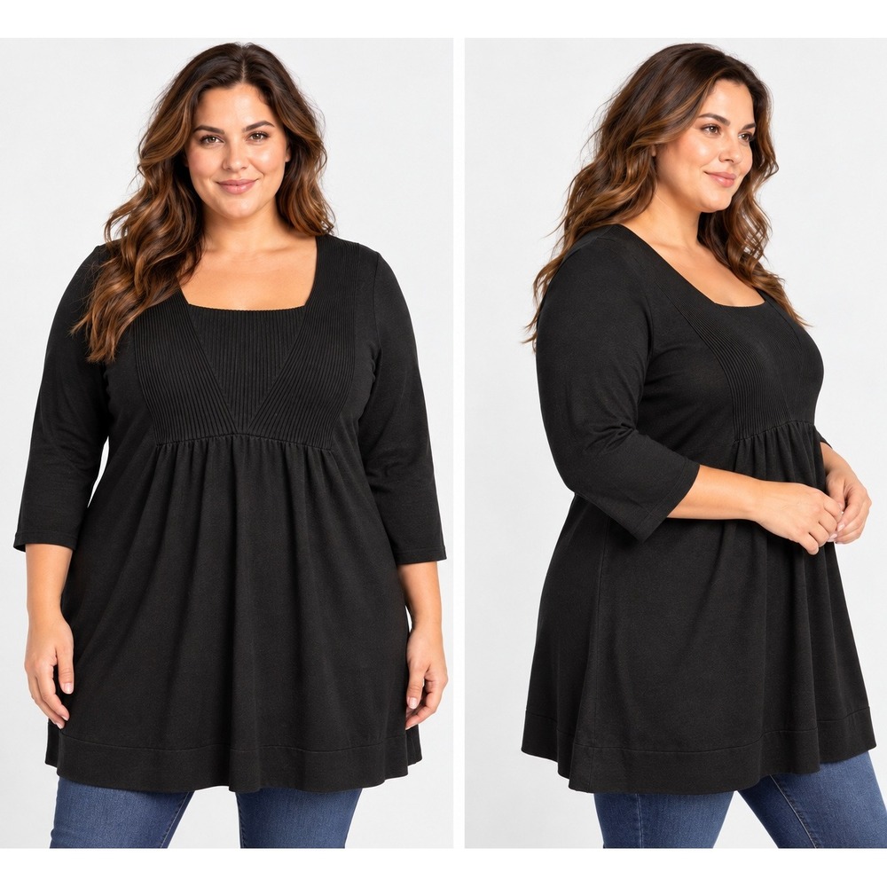 Nine West Woman Black Empire Waist Pleated Square Neck Tunic Top 2X